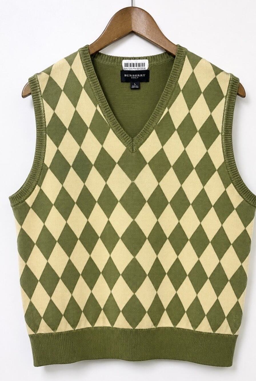 Men's Sweater Vest Vintage Burberry Golf Green Argyle Runs Like a Medium
